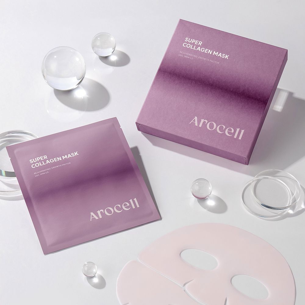 AROCELL Super Collagen Mask 4 Facial Sheet 5,000,000ppb Overnight Dual Matrix Hydrogel Masks with Low Molecular Weight Collagen for Elasticity Hydrating Anti-Aging Cooling Korean Skincare, 43g x 4ea