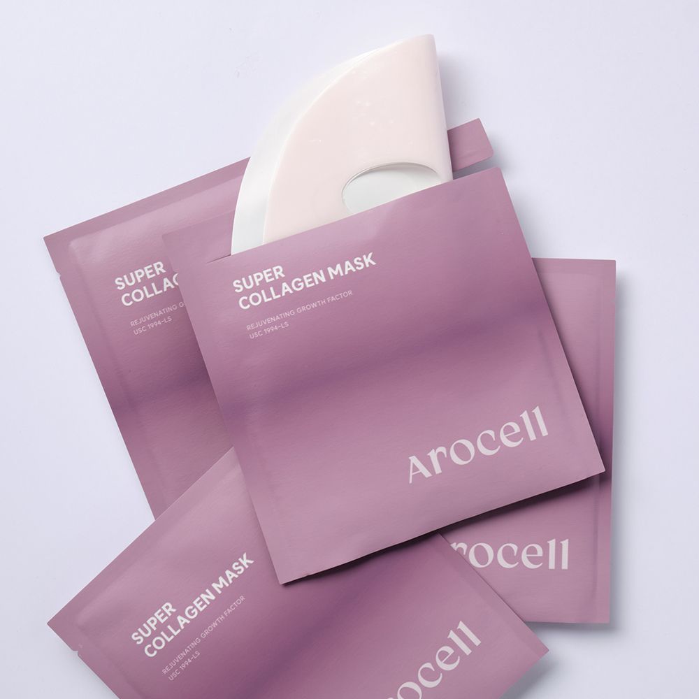 AROCELL Super Collagen Mask 4 Facial Sheet 5,000,000ppb Overnight Dual Matrix Hydrogel Masks with Low Molecular Weight Collagen for Elasticity Hydrating Anti-Aging Cooling Korean Skincare, 43g x 4ea