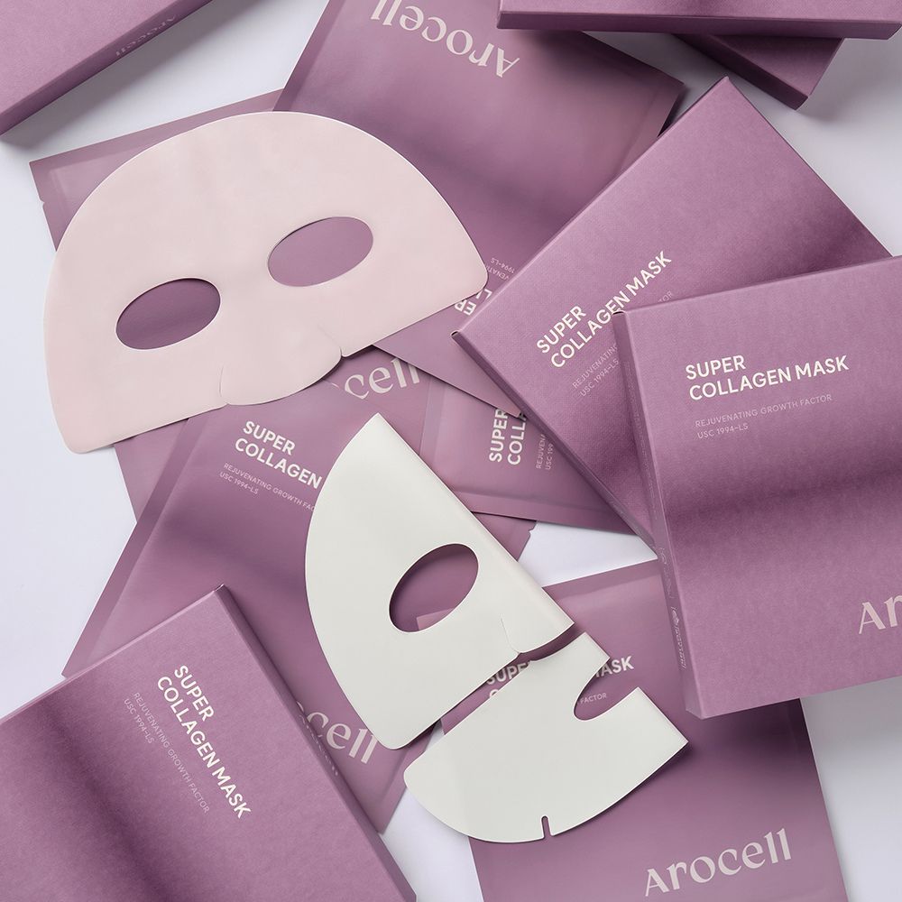 AROCELL Super Collagen Mask 4 Facial Sheet 5,000,000ppb Overnight Dual Matrix Hydrogel Masks with Low Molecular Weight Collagen for Elasticity Hydrating Anti-Aging Cooling Korean Skincare, 43g x 4ea