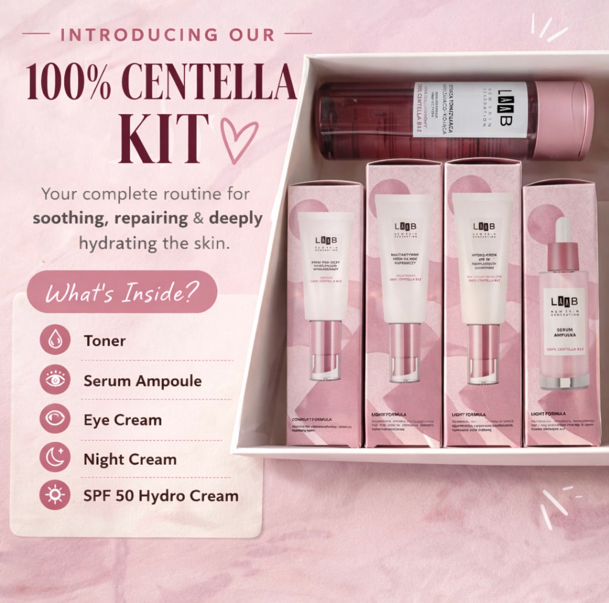 LAAB Centella Kit- Full 100% Centella with B15- Toner.Serum Ampoule-eye Cream-Night Cream-Hydro Cream with SPF50