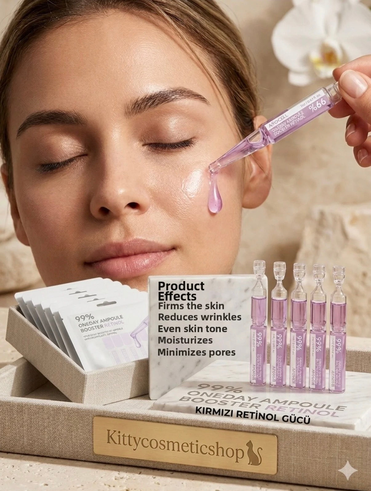 Retinol 99% Ampoule Booster. 99% High-Purity Retinol Intensive Firming Ampoule Achieve a high-density firming and plumping routine with just  one drop!