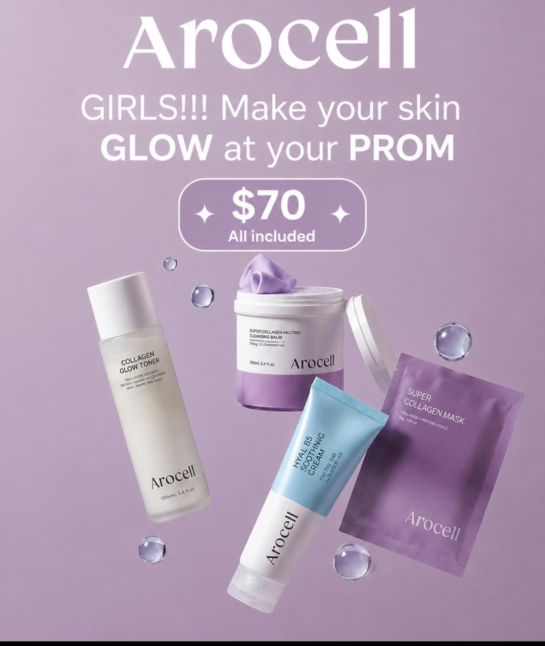 Arocell Kit special PROM- Cleansing Balm MakeUp remover Rich In Collagen and Peptides. HYAL B5 cream Enhancer to Soothe Sensitive Skin, Heat Relief Care, Enhance Hydration- Milk Toner for daily skin routine Glow and FREE COLLAGEN Mask